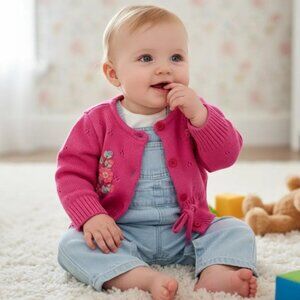 Nannette Pink Floral Pointelle Cardigan Sweater Size 6-9 M